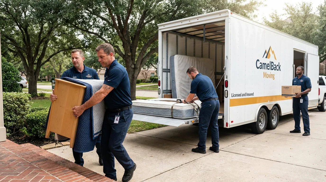 Crew loading residential truck for cross-state move from Visalia, CA