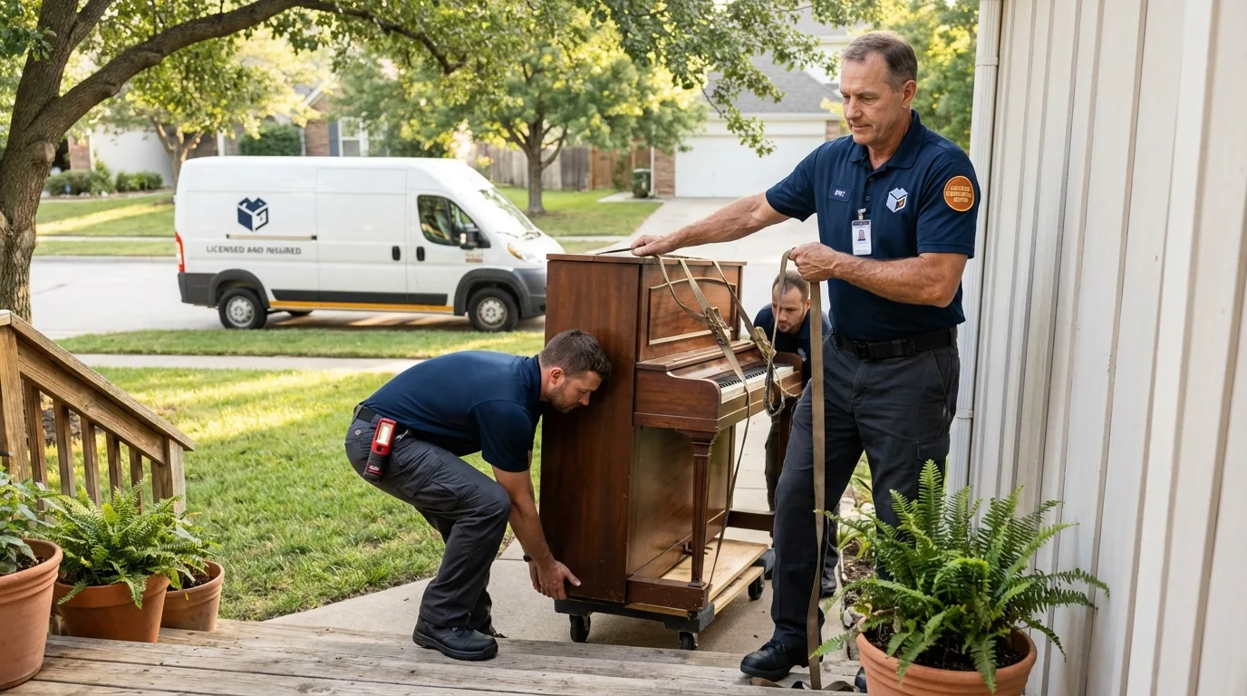 Licensed piano movers securing grand piano in Visalia, CA